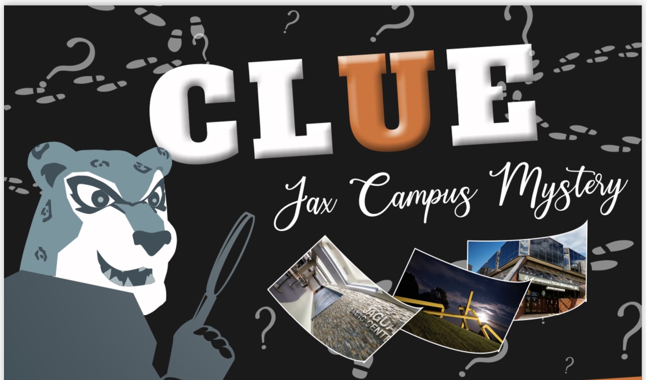 Jax holding a magnifying glass and looking for clues around campus